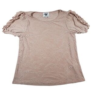 Who Wear What When Where Pink Floral Eyelet Ruffle Puff Sleeve Top Sz M 24296AVL